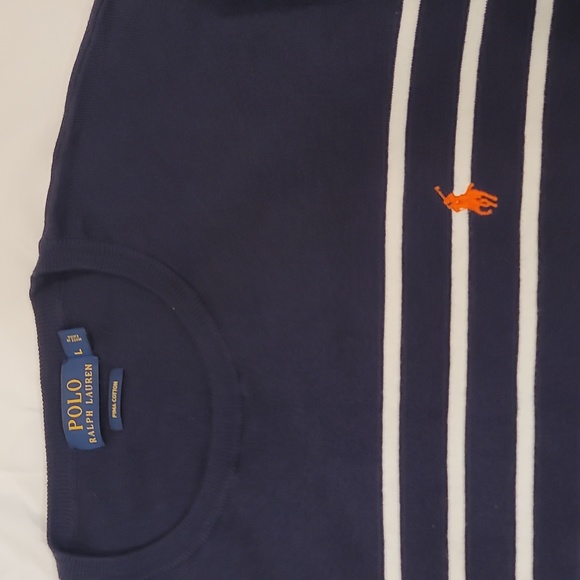 Polo Ralph Lauren Navy Orange Logo Striped Cotton Knit Sweater Men’s Large L - Picture 3 of 7